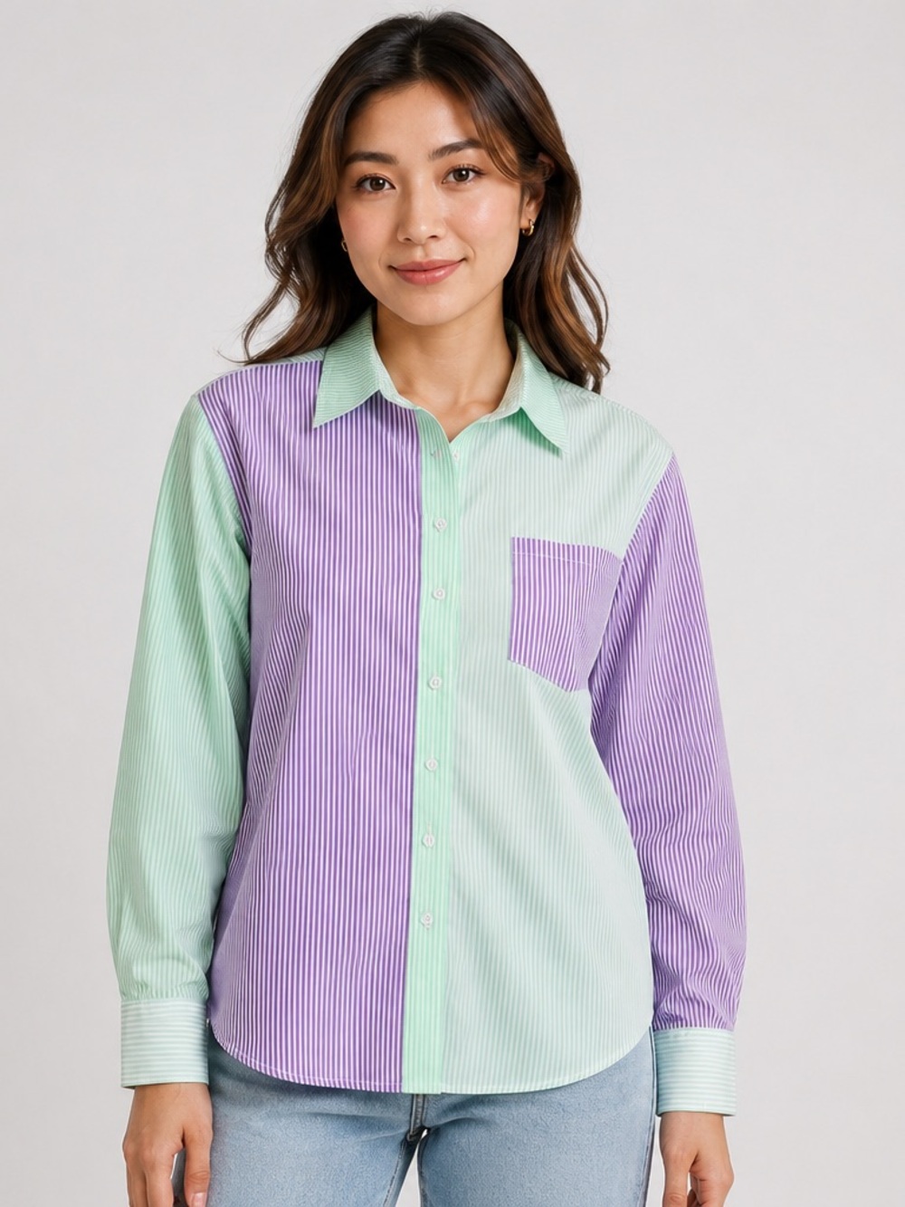 SOLID & STRIPED Mint and Purple Striped Button-Up Shirt L